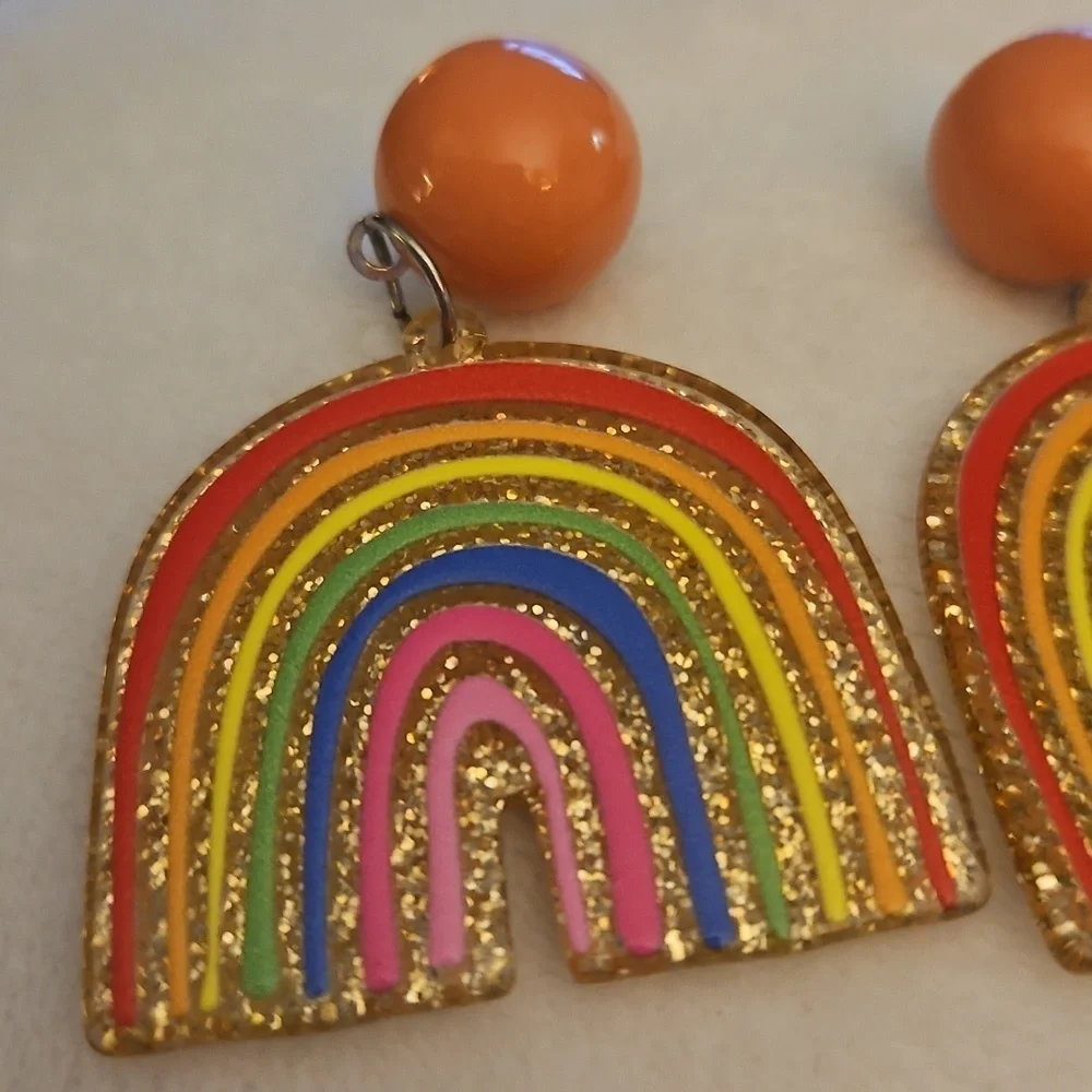 Vintage 1980s Colorful Acrylic Glitter Rainbow Festival Dangle Post Earrings